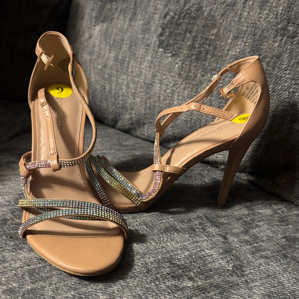 BCBGeneration Tan Strappy Heels with Multicolor Accents